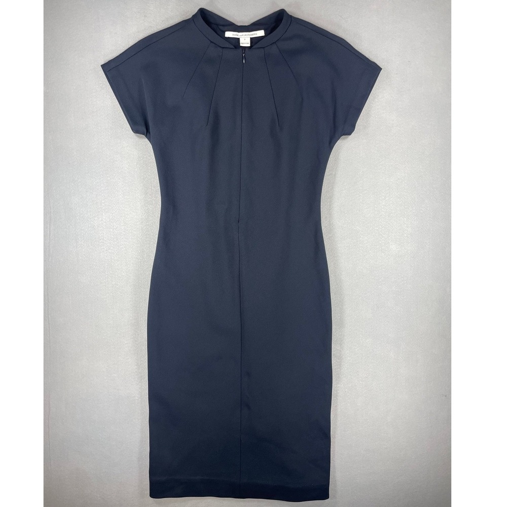 Diane von Furstenberg Womens Sheath Dress Front Zip Navy Textured 2